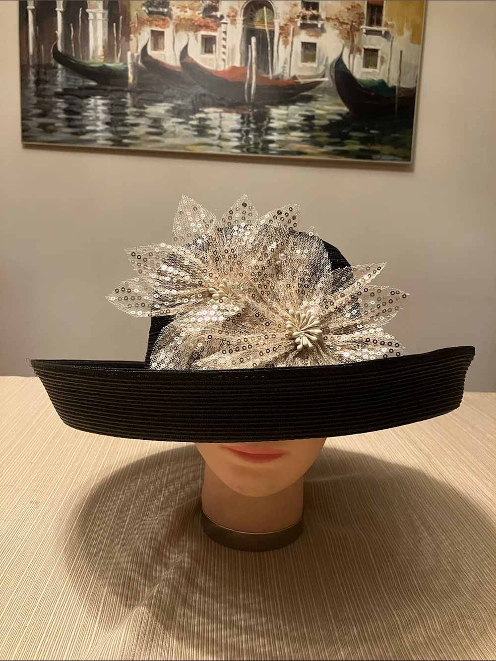 Elegant Black Wide-Brim Hat with Sequin Floral Accent